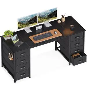 55 Inch Computer Desk with 8 Fabric Drawers, Modern Office Desk with Large Storage for Home Office, Study, Gaming, Black 55 Inch Computer Desk with 8 Fabric Drawers, Modern Office Desk with Large Storage for Home Office, Study, Gaming, Black