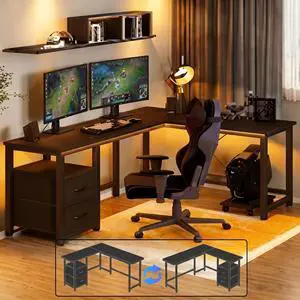 66 Inch Gaming Desk with USB Charging Ports, Reversible L Shaped Computer Desk with Storage Shelves & Monitor Stand, Corner Gamer Desk Table with 2 Drawer, Black 66 Inch Gaming Desk with USB Charging Ports, Reversible L Shaped Computer Desk with Storage Shelves & Monitor Stand, Corner Gamer Desk Table with 2 Drawer, Black