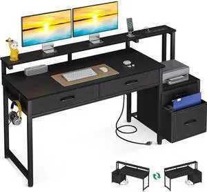 Computer Desk with 4 Drawers, 55 Inch Office Desk with Printer Shelf & Built-in Power Outlet, Work Desk with Monitor Shelf for Home Small Spaces, Black Computer Desk with 4 Drawers, 55 Inch Office Desk with Printer Shelf & Built-in Power Outlet, Work Desk with Monitor Shelf for Home Small Spaces, Black