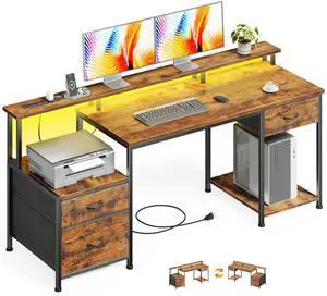 55" Computer Desk with LED Lights & Power Outlets, Reversible Home Office Desk with File Fabric Drawers, Printer Space, Monitor Stand for Working Gaming Study, Rustic Brown 55" Computer Desk with LED Lights & Power Outlets, Reversible Home Office Desk with File Fabric Drawers, Printer Space, Monitor Stand for Working Gaming Study, Rustic Brown