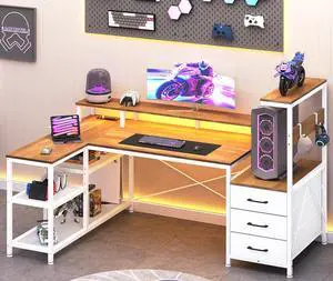 55 L Shaped Gaming Desk with Drawers, Corner Computer Desk with LED Light & Power Outlets, Reversible Gamer Desk with Storage Shelves & Monitor Stand (Antique White) 55 L Shaped Gaming Desk with Drawers, Corner Computer Desk with LED Light & Power Outlets, Reversible Gamer Desk with Storage Shelves & Monitor Stand (Antique White)