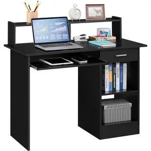 Computer Desk with Keyboard Tray, Drawers, and Shelves, Black Computer Desk with Keyboard Tray, Drawers, and Shelves, Black