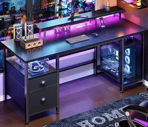 51" Gaming Desk with Power Outlets & LED Lights, Reversible Computer Desk with File Cabinet & Monitor Stand for Home Office, Large Work Table with Storage Shelves & Drawer, Black 51" Gaming Desk with Power Outlets & LED Lights, Reversible Computer Desk with File Cabinet & Monitor Stand for Home Office, Large Work Table with Storage Shelves & Drawer, Black