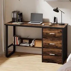 Small Computer Desk with Drawers, 47 Inch Home Office Desk with 3 Drawers & Bottom Shelves, Study Desk with Storage for Bedroom, Writing and Work, Black and Brown Small Computer Desk with Drawers, 47 Inch Home Office Desk with 3 Drawers & Bottom Shelves, Study Desk with Storage for Bedroom, Writing and Work, Black and Brown