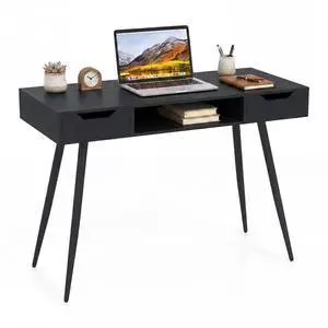 Mid Century Modern Computer Desk, Writing Desk with 2 Drawers & Open Center Storage, Small Wooden Study Table for Home Office & Compact Spaces (Black) Mid Century Modern Computer Desk, Writing Desk with 2 Drawers & Open Center Storage, Small Wooden Study Table for Home Office & Compact Spaces (Black)