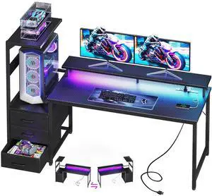 59 Inch Gaming Desk with USB Charging Ports & LED Light - Reversible Computer Desk with 3 Fabric Drawers, Monitor Stand, CPU Stand, Modern Office Desk, Pure Black 59 Inch Gaming Desk with USB Charging Ports & LED Light - Reversible Computer Desk with 3 Fabric Drawers, Monitor Stand, CPU Stand, Modern Office Desk, Pure Black