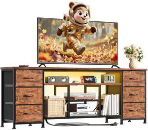 LED TV Stand for 65, 70 Inch TV, 63 Inch Entertainment Center with Power Outlets, 6 Fabric Drawers Dresser for Bedroom, Media Console with Open Shelves, Rustic Brown LED TV Stand for 65, 70 Inch TV, 63 Inch Entertainment Center with Power Outlets, 6 Fabric Drawers Dresser for Bedroom, Media Console with Open Shelves, Rustic Brown