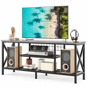 TV Stand for 55-65 Inch TVs, 3-Tier Industrial Media Entertainment Center with Open Shelves, Metal Frame, 59.8'' Solid Wood Table top for Living Room, Bedroom, Office, Grey TV Stand for 55-65 Inch TVs, 3-Tier Industrial Media Entertainment Center with Open Shelves, Metal Frame, 59.8'' Solid Wood Table top for Living Room, Bedroom, Office, Grey
