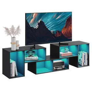 TV Stand, Deformable TV Stand with LED Strip, Modern Entertainment Center, Gaming Media 3 Pieces Console Cabinet for Living Room, Bedroom, Black TV Stand, Deformable TV Stand with LED Strip, Modern Entertainment Center, Gaming Media 3 Pieces Console Cabinet for Living Room, Bedroom, Black