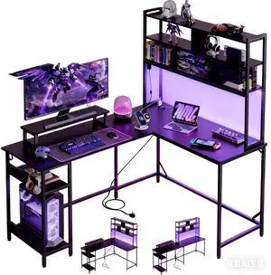 60 Inch L Shaped Gaming Desk with Drawers and Storage, Corner Desk with LED Lights, Power Outlets, Computer Desk with Monitor Stand, Office Desk for Home, Black 60 Inch L Shaped Gaming Desk with Drawers and Storage, Corner Desk with LED Lights, Power Outlets, Computer Desk with Monitor Stand, Office Desk for Home, Black