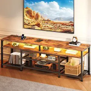 TV Stand with Power Outlets and LED Lights, 63 Inch Entertainment Center for 60 65 70 Inch TVs, Media Console Table with Open Shelves, for Bedroom, Living Room, Rustic Brown TV Stand with Power Outlets and LED Lights, 63 Inch Entertainment Center for 60 65 70 Inch TVs, Media Console Table with Open Shelves, for Bedroom, Living Room, Rustic Brown