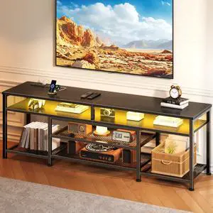TV Stand with Power Outlets and LED Lights, 63 Inch Entertainment Center for 60 65 70 Inch TVs, Media Console Table with Open Shelves, for Bedroom, Living Room, Black TV Stand with Power Outlets and LED Lights, 63 Inch Entertainment Center for 60 65 70 Inch TVs, Media Console Table with Open Shelves, for Bedroom, Living Room, Black