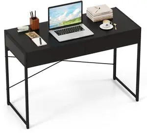 Computer Desk with 2 Drawers, 44 Inch Home Office Desk with Metal Frame & Anti-Toppling Device, Modern Writing Desk Study Desk, Compact Laptop PC Desk for Small Space (Black) Computer Desk with 2 Drawers, 44 Inch Home Office Desk with Metal Frame & Anti-Toppling Device, Modern Writing Desk Study Desk, Compact Laptop PC Desk for Small Space (Black)