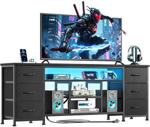LED TV Stand for 65, 70 Inch TV, 63 Inch Entertainment Center with Power Outlets, 6 Fabric Drawers Dresser for Bedroom, Media Console with Open Shelves, PU Leather Surface, Black LED TV Stand for 65, 70 Inch TV, 63 Inch Entertainment Center with Power Outlets, 6 Fabric Drawers Dresser for Bedroom, Media Console with Open Shelves, PU Leather Surface, Black