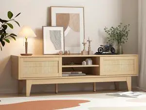 Boho TV Stand for 55 65 Inch TV, Rattan Entertainment Center with Shelves, Cabinets and Sliding Doors, TV Media Console Table with Solid Wood Feet & Cord Holes for Living Room, Bedroom, Natural Boho TV Stand for 55 65 Inch TV, Rattan Entertainment Center with Shelves, Cabinets and Sliding Doors, TV Media Console Table with Solid Wood Feet & Cord Holes for Living Room, Bedroom, Natural