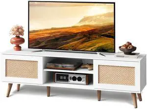 TV Stand for 65 Inch TV, 58" Boho Entertainment Center, TV Stand for Living Room, TV Console with 2 Storage Cabinets, White TV Stand for 65 Inch TV, 58" Boho Entertainment Center, TV Stand for Living Room, TV Console with 2 Storage Cabinets, White