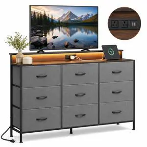 Grey Dresser TV Stand for 45, 50, 55 inch TV, Entertainment Center with LED Lights & Charging Station, TV Media Console Table with 9 Fabric Drawers and Open Shelves for Living Room, Dark Grey Grey Dresser TV Stand for 45, 50, 55 inch TV, Entertainment Center with LED Lights & Charging Station, TV Media Console Table with 9 Fabric Drawers and Open Shelves for Living Room, Dark Grey