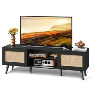 TV Stand for 65 Inch TV, 58" Boho Entertainment Center, TV Stand for Living Room, TV Console with 2 Storage Cabinets, Black TV Stand for 65 Inch TV, 58" Boho Entertainment Center, TV Stand for Living Room, TV Console with 2 Storage Cabinets, Black