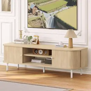 TV Stand for 65/60 Inch TV, Mid Century Modern TV Stand,Entertainment Center with Fluted Sliding Doors and Hidden Storage, TV Console Table Media Cabinet for Living Room, and Bedroom, Oak TV Stand for 65/60 Inch TV, Mid Century Modern TV Stand,Entertainment Center with Fluted Sliding Doors and Hidden Storage, TV Console Table Media Cabinet for Living Room, and Bedroom, Oak