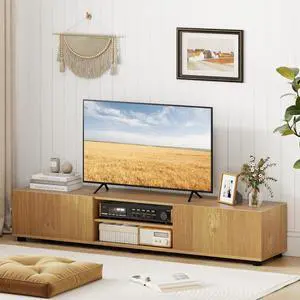 TV Stand for up to 70 TVs, 63L Minimalist Entertainment Center w/ 2 Doors & Open Shelves, Media Console Table Storage Cabinet with 6 Support Feet for Living Room (Natural, 63L) TV Stand for up to 70 TVs, 63L Minimalist Entertainment Center w/ 2 Doors & Open Shelves, Media Console Table Storage Cabinet with 6 Support Feet for Living Room (Natural, 63L)