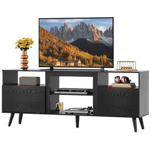 Mid-Century Modern TV Stand for 55 60 65 Inch TV, Entertainment Center with Extra Open Shelf & Storage Cabinets, Media TV Console for Living Room Bedroom Office, Black Mid-Century Modern TV Stand for 55 60 65 Inch TV, Entertainment Center with Extra Open Shelf & Storage Cabinets, Media TV Console for Living Room Bedroom Office, Black