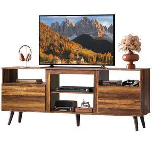 Mid-Century Modern TV Stand for 55/60/65 Inch TV, Entertainment Center with Storage Cabinets & Open Storage, Media TV Console Table with Cable Management for Living Room, Retro Brown Mid-Century Modern TV Stand for 55/60/65 Inch TV, Entertainment Center with Storage Cabinets & Open Storage, Media TV Console Table with Cable Management for Living Room, Retro Brown