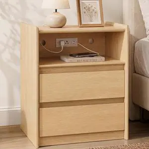 Natural Oak Nightstand with Charging Station, 24" H, 2 Drawers Natural Oak Nightstand with Charging Station, 24" H, 2 Drawers