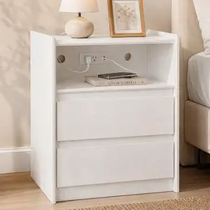 White Nightstand with Charging Station, 24"H, 2 Drawers & Shelf White Nightstand with Charging Station, 24"H, 2 Drawers & Shelf