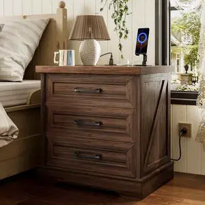 Farmhouse Nightstand with 3 Drawers and Outlet, 24 Inch Bedside Table with USB Charging, Rustic Wood Cabinet for Bedroom Storage, Dark Walnut Farmhouse Nightstand with 3 Drawers and Outlet, 24 Inch Bedside Table with USB Charging, Rustic Wood Cabinet for Bedroom Storage, Dark Walnut