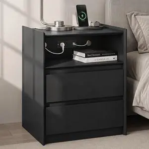 Black Nightstand with Charging Station, 24"H, 2 Drawers & Shelf Black Nightstand with Charging Station, 24"H, 2 Drawers & Shelf