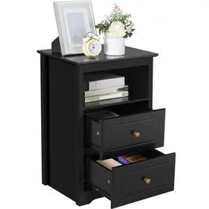 Tall Nightstand with 2 Drawer and 1 Cubby, 29" High Bedside Table Wooden Storage Cabinet Bed Side Table with Drawer for Bedroom Home Office, Black Tall Nightstand with 2 Drawer and 1 Cubby, 29" High Bedside Table Wooden Storage Cabinet Bed Side Table with Drawer for Bedroom Home Office, Black