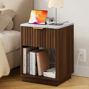 Fluted Nightstand, Walnut Night Stand, Modern Nightstand with Faux Marble Top and Charging Station, 18in Wooden End Table with Drawer, Bedside Table for Bedroom Living Room, Curved Corners Fluted Nightstand, Walnut Night Stand, Modern Nightstand with Faux Marble Top and Charging Station, 18in Wooden End Table with Drawer, Bedside Table for Bedroom Living Room, Curved Corners