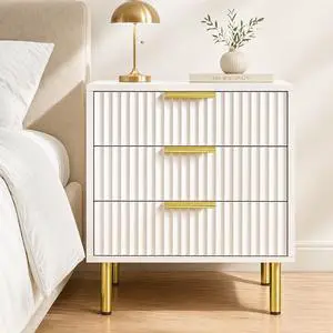 White and Gold Fluted Nightstand with 3 Drawers, 24" Tall Bedside Table with Gold Handles, Ribbed Side Table for Bedroom White and Gold Fluted Nightstand with 3 Drawers, 24" Tall Bedside Table with Gold Handles, Ribbed Side Table for Bedroom