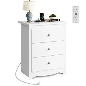 White Nightstand with Charging Station, Wood Night Stand with 3 Drawers Storage, Tall Bedside Table End Side Tables with 2 USB Ports and Outlets for Bedroom, Closet, White White Nightstand with Charging Station, Wood Night Stand with 3 Drawers Storage, Tall Bedside Table End Side Tables with 2 USB Ports and Outlets for Bedroom, Closet, White