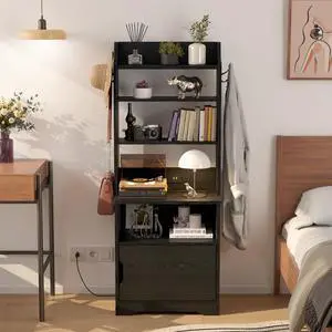 55" Tall End Side Table with Charging Station and Storage Cabinet, Small Bookshelf, for Living Room Office Bedroom, Vintage Black 55" Tall End Side Table with Charging Station and Storage Cabinet, Small Bookshelf, for Living Room Office Bedroom, Vintage Black