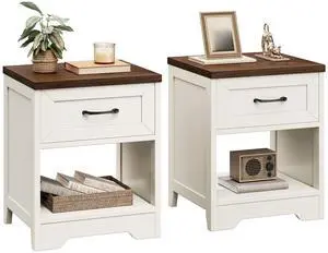 Farmhouse Nightstand Set of 2, Bedside Tables with Drawer & Open Storage, Wood End Tables for Bedroom & Small Space, Rustic White & Dark Walnut Farmhouse Nightstand Set of 2, Bedside Tables with Drawer & Open Storage, Wood End Tables for Bedroom & Small Space, Rustic White & Dark Walnut