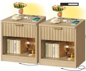 Fluted Nightstands Set of 2, Bed Side Table with Charging Station and LED Light, Night Stand with Storage Drawer and Open Shelf, End Table for Small Space, Bedroom, Natural Fluted Nightstands Set of 2, Bed Side Table with Charging Station and LED Light, Night Stand with Storage Drawer and Open Shelf, End Table for Small Space, Bedroom, Natural