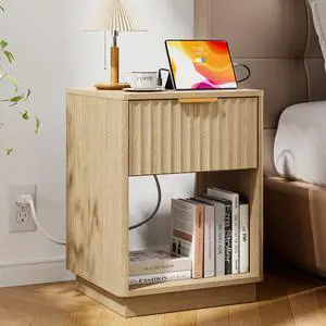Fluted Nightstand, Modern Night Stand, Nightstand with Charging Station, Wooden End Table with Drawer & Open Shelf, Bedside Table for Bedroom Sofa Home Office, Curved Corners, Natural Oak Fluted Nightstand, Modern Night Stand, Nightstand with Charging Station, Wooden End Table with Drawer & Open Shelf, Bedside Table for Bedroom Sofa Home Office, Curved Corners, Natural Oak