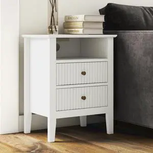 White Nightstand with Charging Station, Fluted Night Stand for Bedroom, Small Sofa Table with 2 Storage Drawers Cabinet, Wood End Table for Bedroom White Nightstand with Charging Station, Fluted Night Stand for Bedroom, Small Sofa Table with 2 Storage Drawers Cabinet, Wood End Table for Bedroom