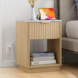 Fluted Nightstand, Modern Night Stand, Nightstand with Charging Station and Faux Marble Top, Wood End Table w/Storage, Bedside Table for Bedroom Sofa Home Office, Curved Corners,Natural Oak Fluted Nightstand, Modern Night Stand, Nightstand with Charging Station and Faux Marble Top, Wood End Table w/Storage, Bedside Table for Bedroom Sofa Home Office, Curved Corners,Natural Oak