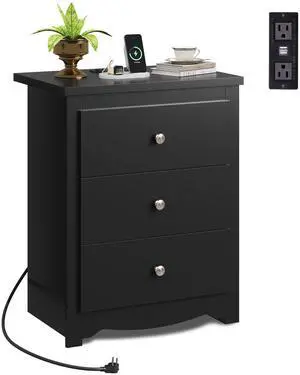 Tall Nightstand with Charging Station, Wood Night Stand with 3 Drawers Storage, Bedside Table End Side Tables with 2 USB Ports and Outlets for Bedroom, Closet, Black Tall Nightstand with Charging Station, Wood Night Stand with 3 Drawers Storage, Bedside Table End Side Tables with 2 USB Ports and Outlets for Bedroom, Closet, Black