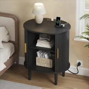 Mid Century Modern Nightstand with Charging Station, Fluted Accent Side Table with Sliding Door & Adjustable Shelf, End Table for Small Space, Living Room, Bedroom,Sofa Couch (1, Black) Mid Century Modern Nightstand with Charging Station, Fluted Accent Side Table with Sliding Door & Adjustable Shelf, End Table for Small Space, Living Room, Bedroom,Sofa Couch (1, Black)
