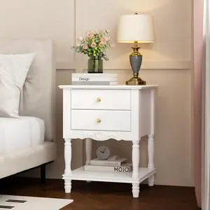 White Accent Nightstand with 2 Drawers, Bottom Shelf & Carve Pattern, Modern Wooden Night Stand Bedside Table, Versatile End Sofa Bed Side Table for Bedroom Living Room White Accent Nightstand with 2 Drawers, Bottom Shelf & Carve Pattern, Modern Wooden Night Stand Bedside Table, Versatile End Sofa Bed Side Table for Bedroom Living Room