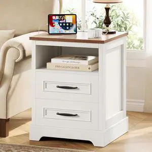 Farmhouse Nightstand with Charging Station, Wood Night Stand with Drawers, Bedside Table, Nightstands with Open Storage Shelf, Rustic Night Stands for Bedroom, Closet, 18" Wide, 24" Tall Farmhouse Nightstand with Charging Station, Wood Night Stand with Drawers, Bedside Table, Nightstands with Open Storage Shelf, Rustic Night Stands for Bedroom, Closet, 18" Wide, 24" Tall