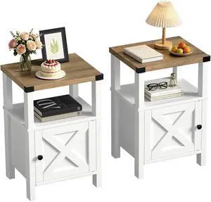 Set of 2 Farmhouse Nightstands, Sofa Side End Table with Storage, Wood Bedside Table with Barn Door for Bedroom Living Room Rustic Vintage White Set of 2 Farmhouse Nightstands, Sofa Side End Table with Storage, Wood Bedside Table with Barn Door for Bedroom Living Room Rustic Vintage White