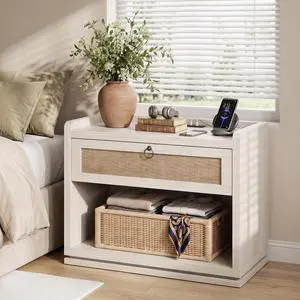 31" Wide Rattan Nightstand with Charging Station, End Side Table 31" Wide Rattan Nightstand with Charging Station, End Side Table