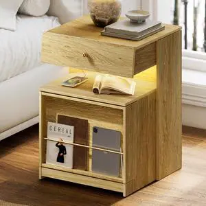 Nightstand with Charging Station and LED Lights, Night Stand with Sliding Top, Wood Modern Bedside End Table with Storage Drawer and Front Storage for Bedroom, Natural Oak Nightstand with Charging Station and LED Lights, Night Stand with Sliding Top, Wood Modern Bedside End Table with Storage Drawer and Front Storage for Bedroom, Natural Oak