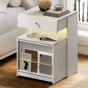 Nightstand with Charging Station and LED Lights, Night Stand with Sliding Top, Wood Modern Bedside End Table with Storage Drawer and Front Storage for Bedroom, White Nightstand with Charging Station and LED Lights, Night Stand with Sliding Top, Wood Modern Bedside End Table with Storage Drawer and Front Storage for Bedroom, White