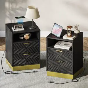 Nightstand Set of 2, Modern Black Bedside Table with 15W Wireless Fast Charger, Drawers Wooden End Table Night Stand with USB Type-C AC Outlet, Engineered Wood Storage Side Table for Bedroom Nightstand Set of 2, Modern Black Bedside Table with 15W Wireless Fast Charger, Drawers Wooden End Table Night Stand with USB Type-C AC Outlet, Engineered Wood Storage Side Table for Bedroom