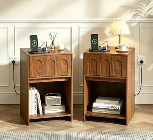 15.7'' Wide Nightstand Set of 2 with Charging Station, Mid Century Modern Nightstands with Drawer & Storage, Bed Side Table, Night Stands for Bedroom, Small Space (Walnut, 2Pcs) 15.7'' Wide Nightstand Set of 2 with Charging Station, Mid Century Modern Nightstands with Drawer & Storage, Bed Side Table, Night Stands for Bedroom, Small Space (Walnut, 2Pcs)